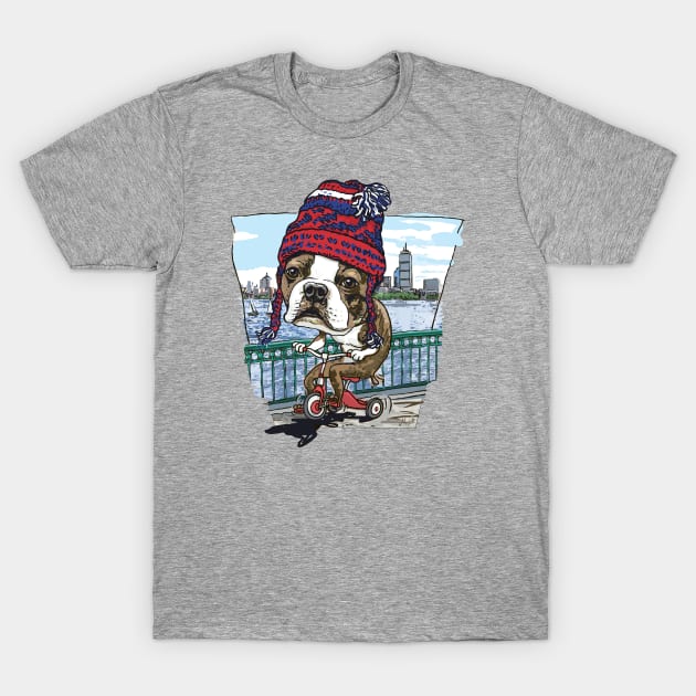 Boston Terrier Dog with Red, Blue and White Winter Beanie T-Shirt by Mudge